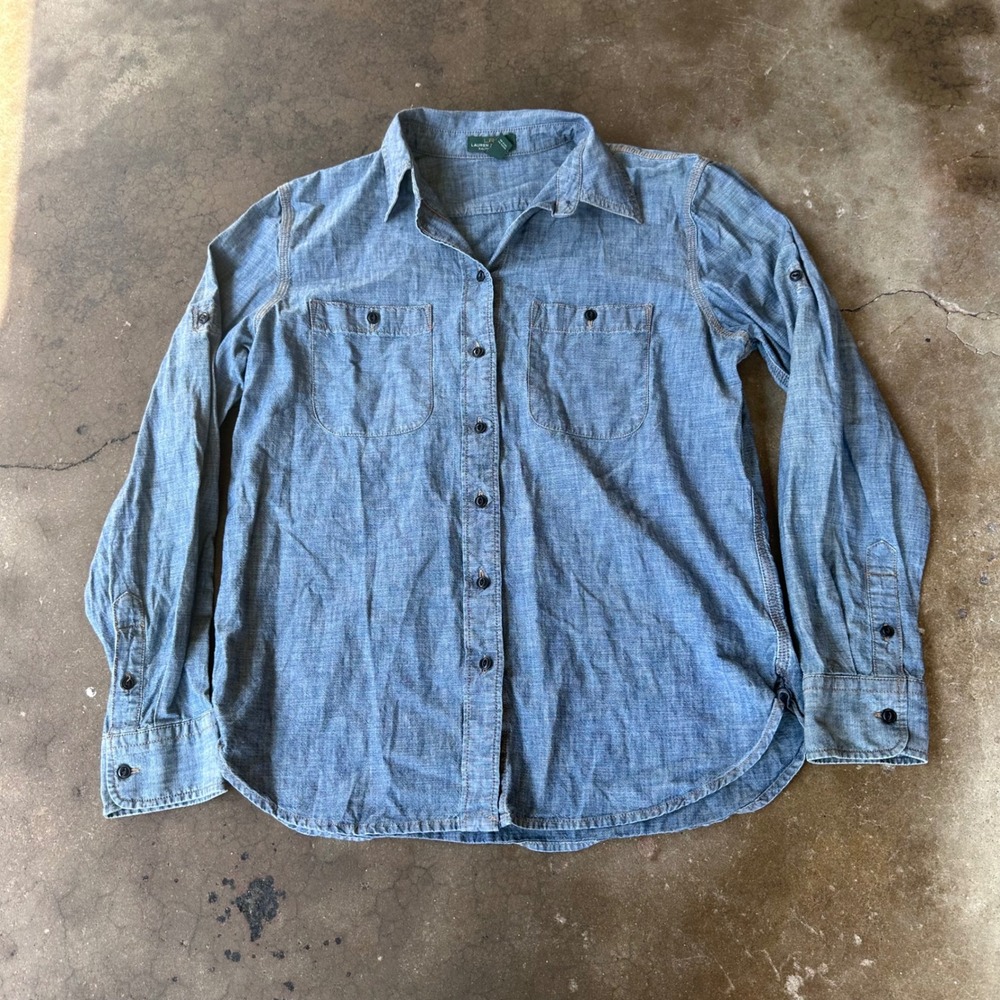 Lauren Ralph Lauren Chambray Shirt Women M Blue Excellent Roll Tab Utility